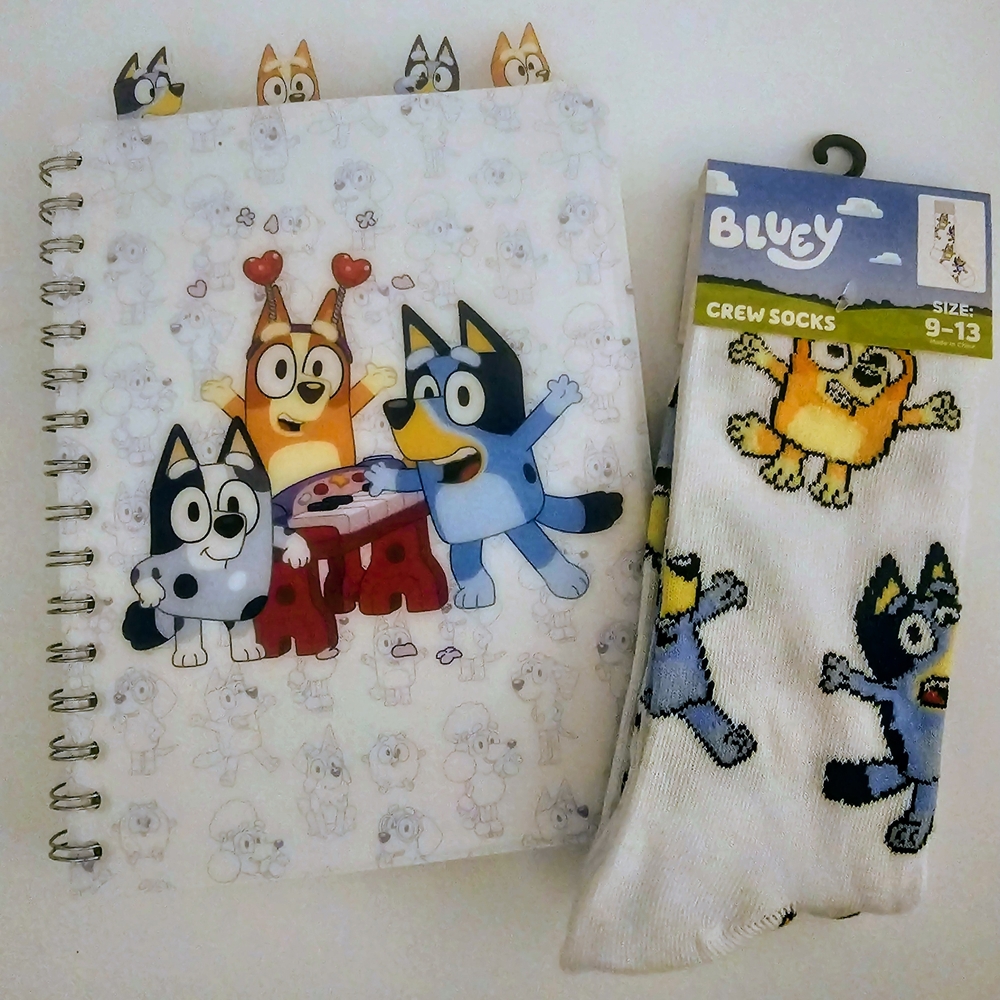 Bluey, Bingo, Muffin Journal Notebook With Gel Pens,Case, and Socks Gift Set NWT